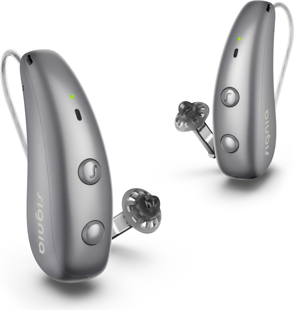 Signia Pure Charge&Go MaX, paire d'appareils auditifs gris titane à écouteur déporté