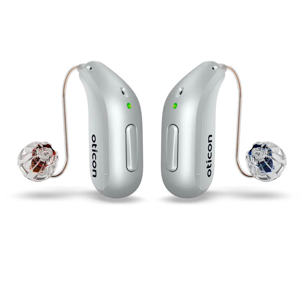 Oticon Reveal miniRITE R, paire d'appareils auditifs argentés à écouteur déporté