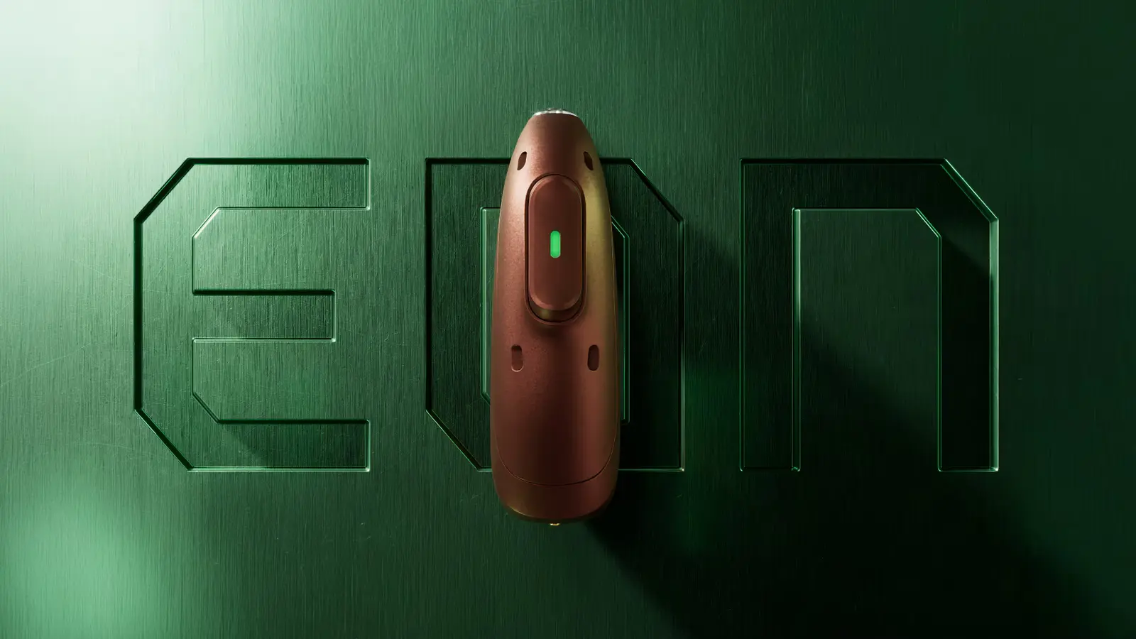 Visuel de lancement Phonak Eon : un appareil auditif Audéo Eon sur un drapé vert