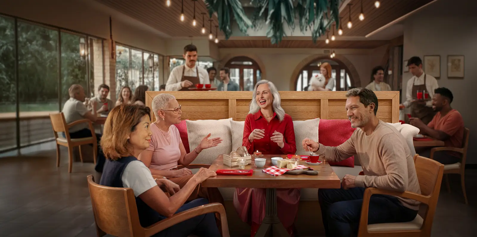 Quatre amis en pleine conversation autour d'une table de restaurant, la situation d'écoute visée par Signia MaX